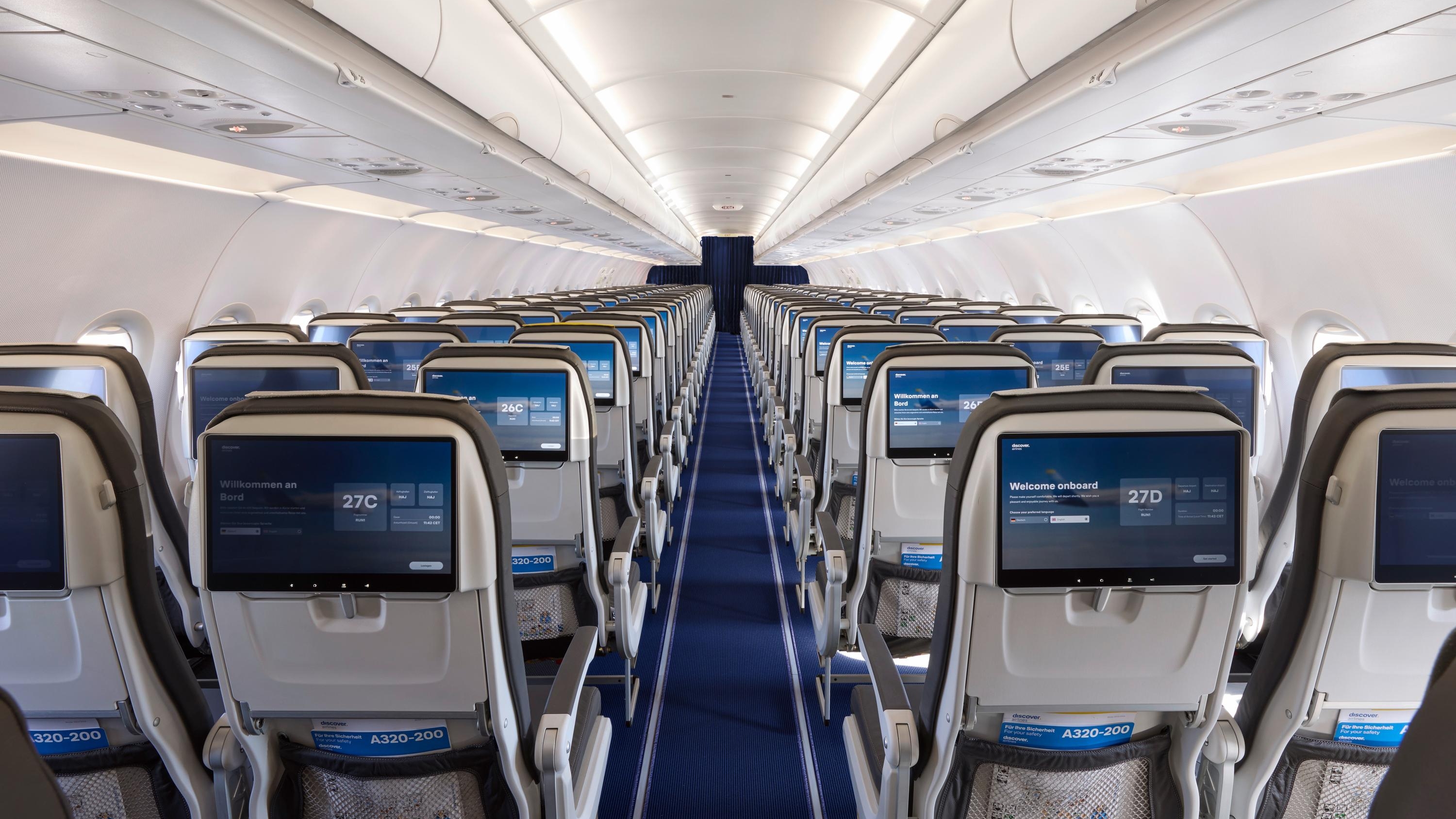 A320 cabin with screens in each seat