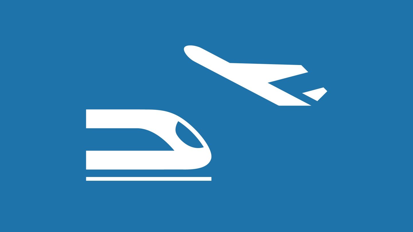 Illustration of a Deutsche Bahn ICE and an aircraft taking off