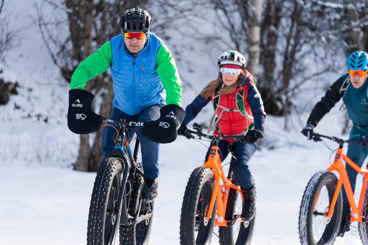 Three people cycling through the snow